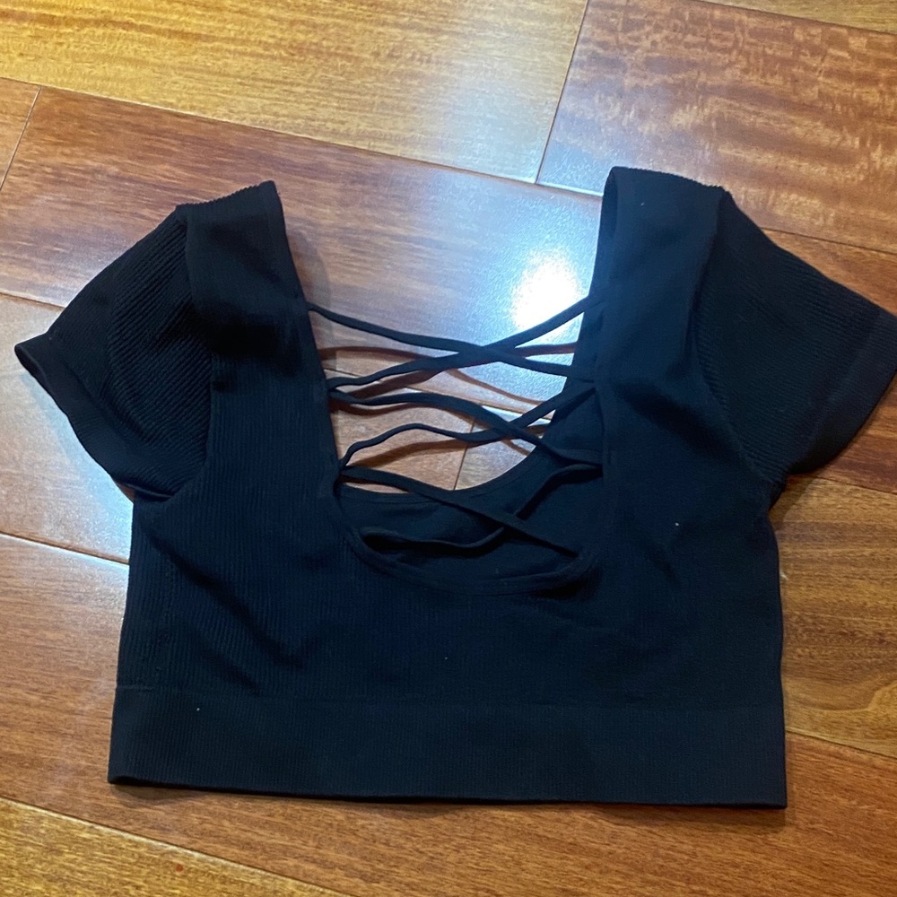 Aerie Black Crop Top with Crisscross Back GUC - Picture 3 of 4